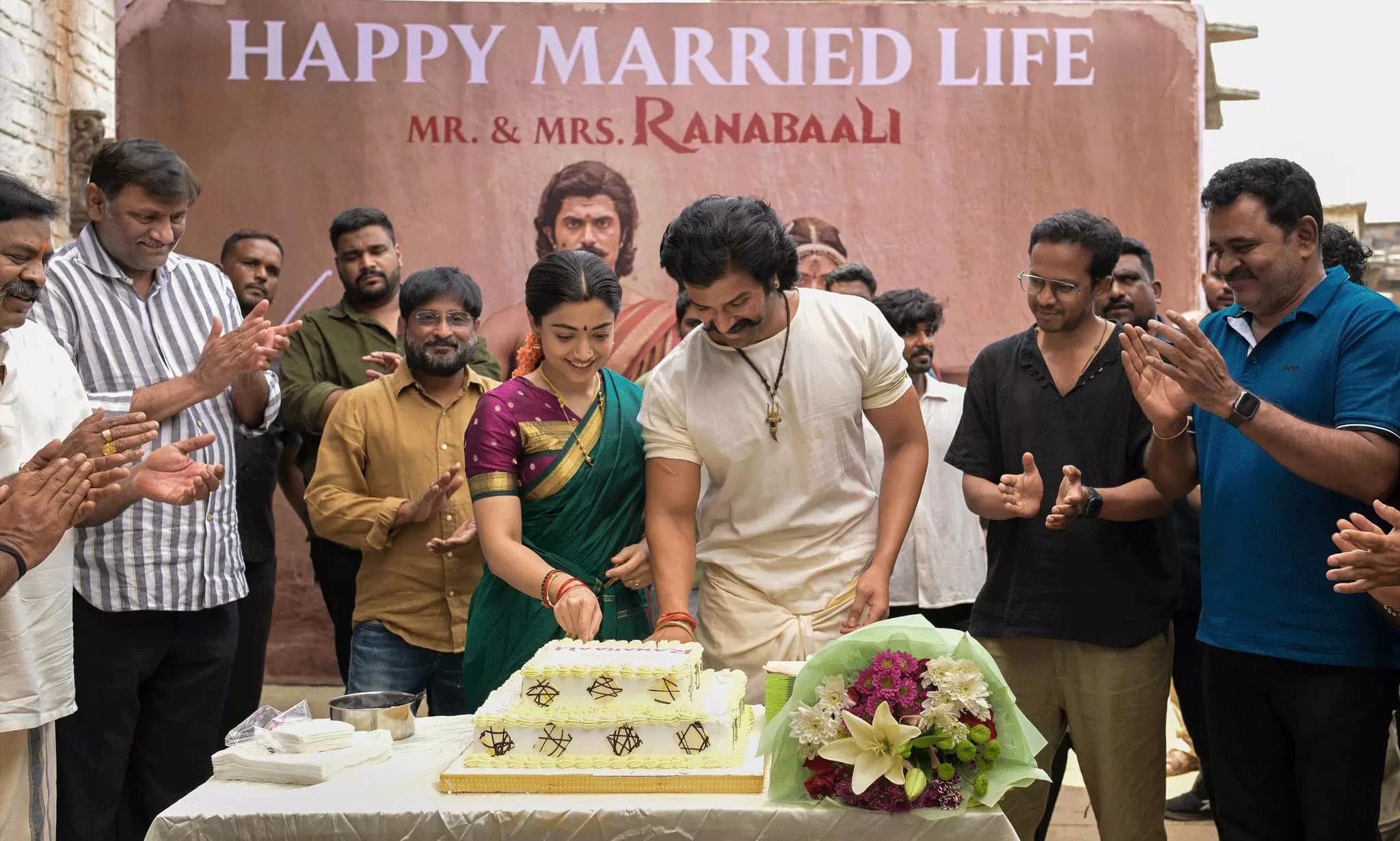 Newlyweds Vijay Deverakonda and Rashmika return to Ranabaali sets with grand celebration